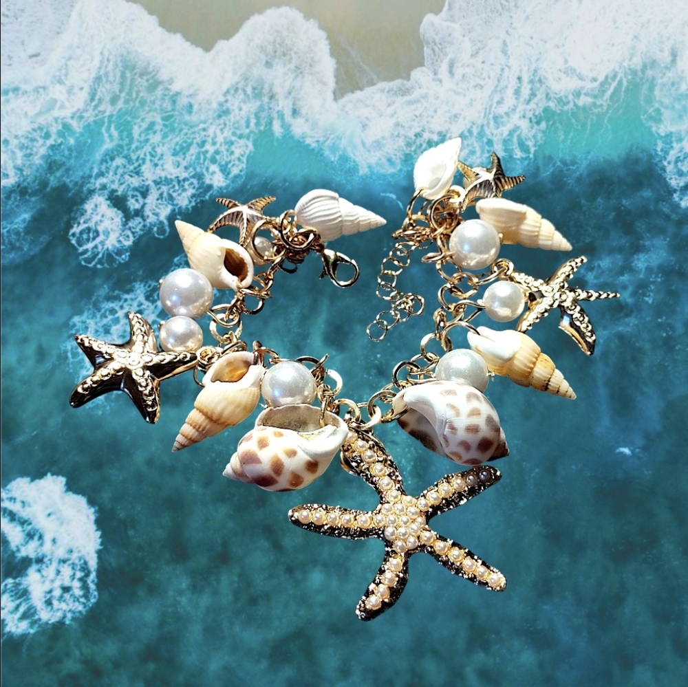 🐚🌊NEW Starfish Shell Imitation Pearl Charm Bracelet